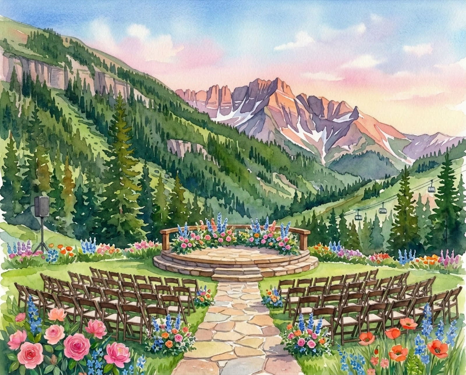 Watercolor of the Palmyra Lookout ceremony site, with rows of chairs, wildflowers, and the San Juan Mountains beyond